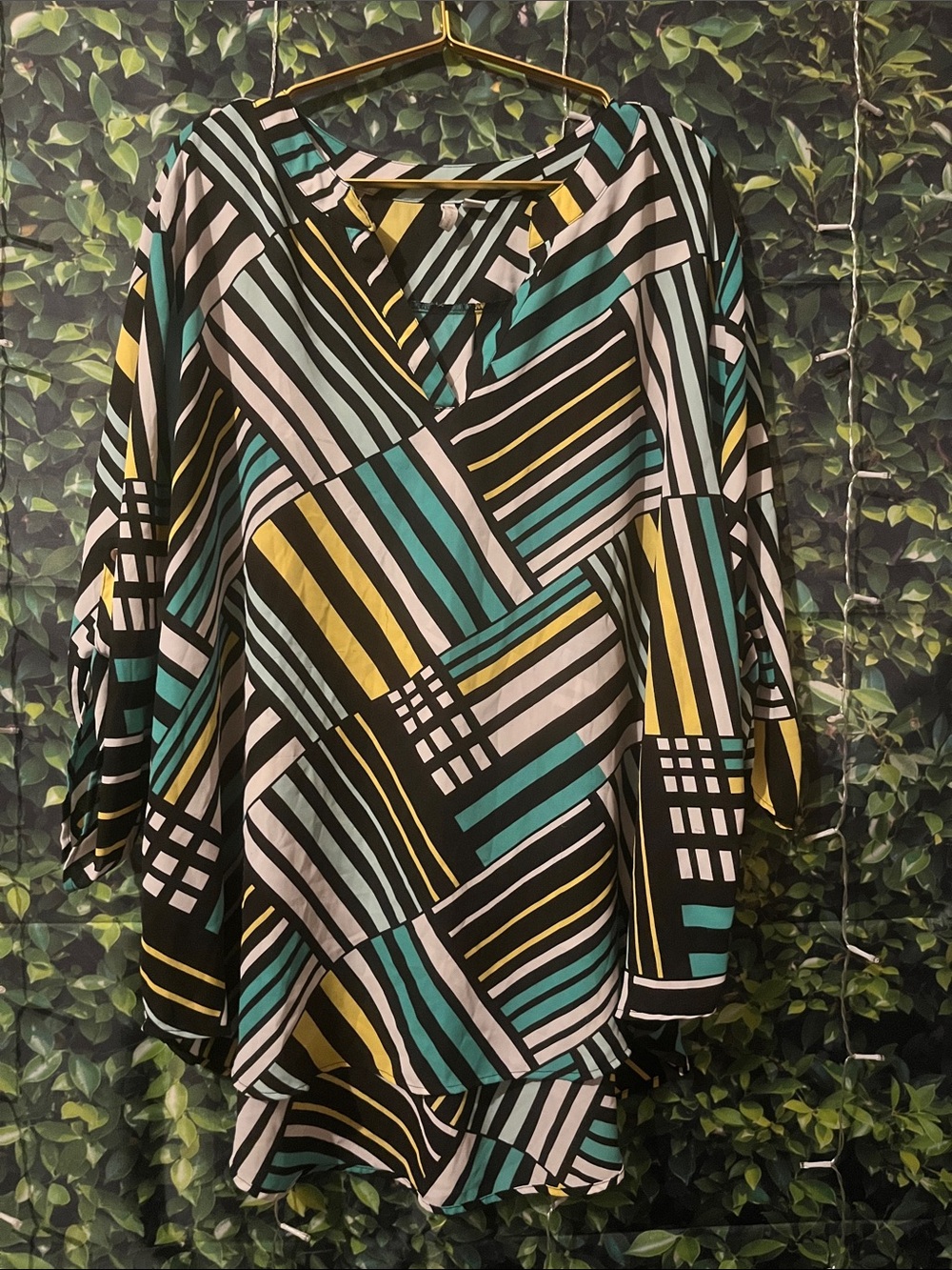 Cato Geometric Stripe V-Neck Tunic — Black, Teal & Yellow